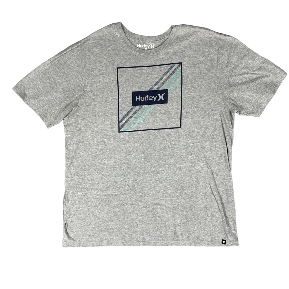 Hurley Men's XL Grey Graphic T-Shirt Box Logo Striped Surf Skate Tee